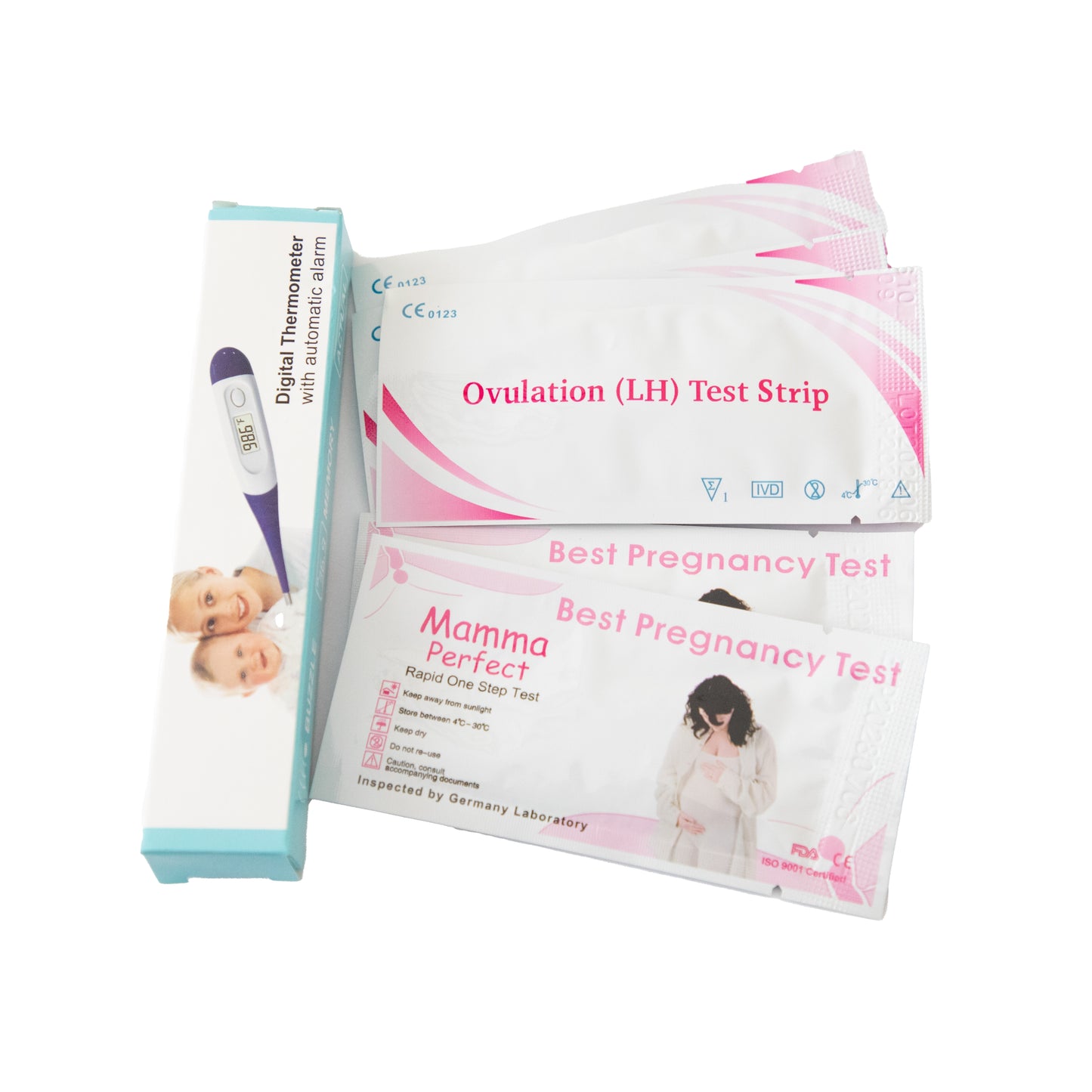 Fertility Testing Package – 12 Ovulation Strips, 1 Digital Thermometer & 3 Pregnancy Tests