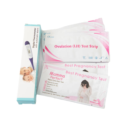 Fertility Testing Package – 12 Ovulation Strips, 1 Digital Thermometer & 3 Pregnancy Tests
