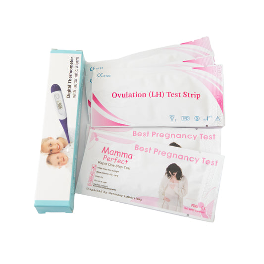 Fertility Testing Package – 12 Ovulation Strips, 1 Digital Thermometer & 3 Pregnancy Tests